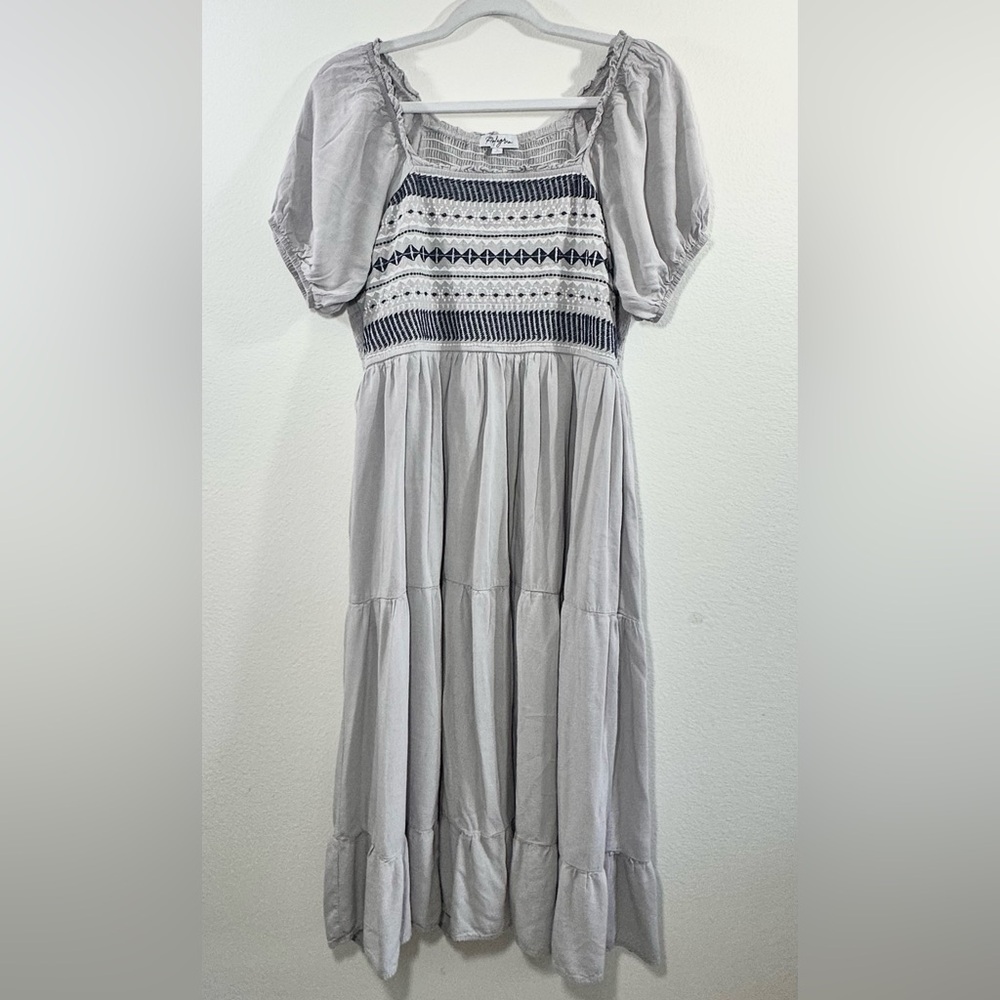 Polagram Grey Embroidered Boho Midi Dress Large Smocked Back Tiered
